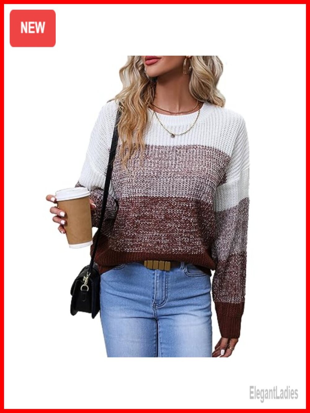 Striped Color Block Knit Sweater Long Sleeve Crewneck Pullover Top